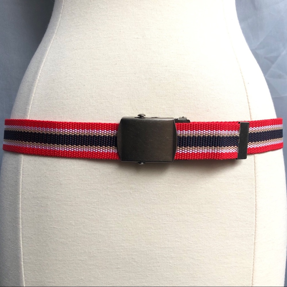 Red blue striped military buckle cable belt